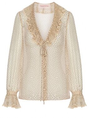 Valentino Garavani Micro Polka Dot Ruffle Silk Georgette Blouse